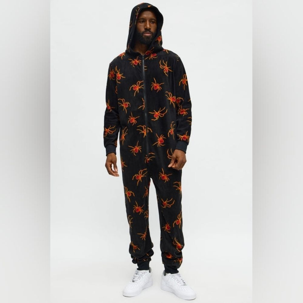 Adult Unisex  Fleece Black Hooded Spider Print Union Suit Sleepwear Onsie